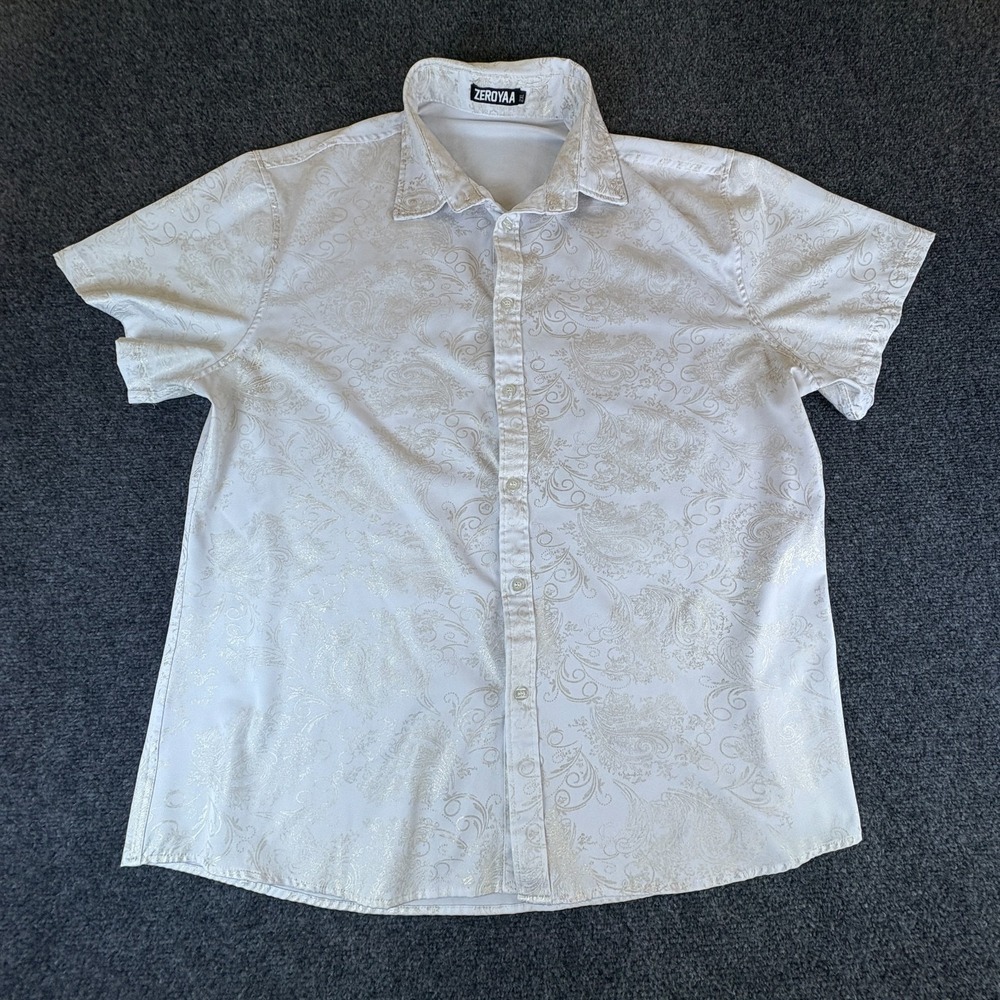 Zeroyaa‎ Shirt Mens 2XL White Metallic Paisley Shiny Stretch Casual Button Up
